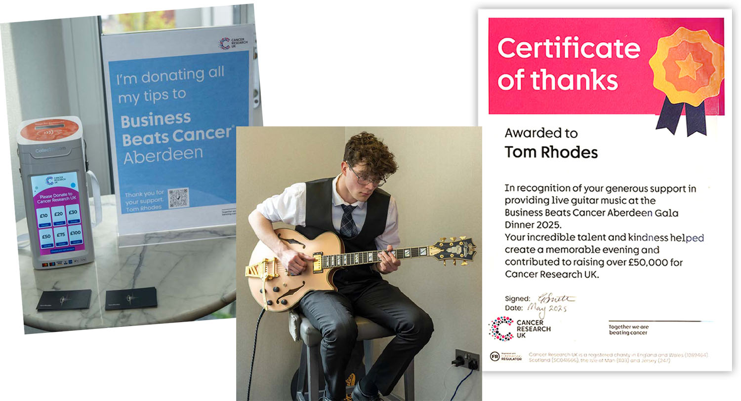 Cancer Montage Montage showing Tom Playing at cancer charity event along with Thank You Certificate